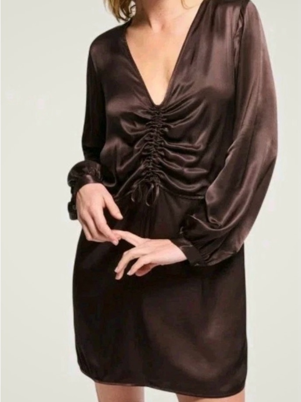 Cora Satin Ruched V-Neck shirred Mini Dress - Chocolate Brown size large